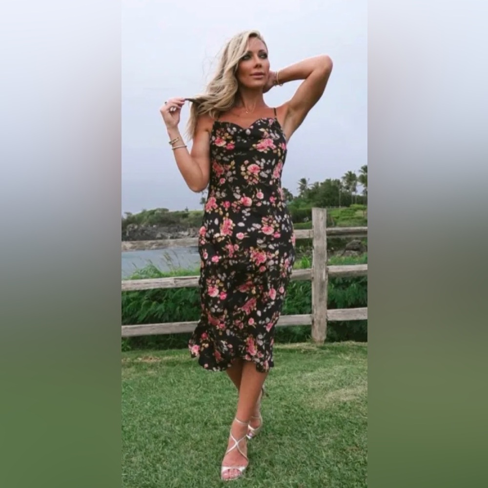 Baltic Born “Belyn” Satin Midi Dress Black Rose Floral Midi Dress